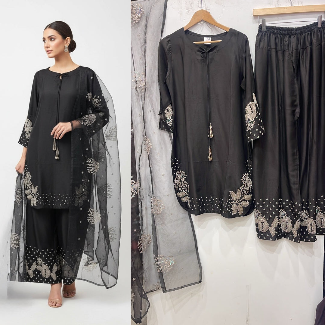 1179A - Black Embroidered Viscose 3 Piece suit