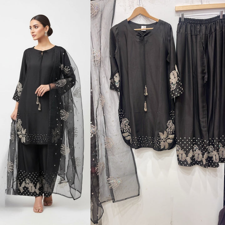 1179A - Black Embroidered Viscose 3 Piece suit