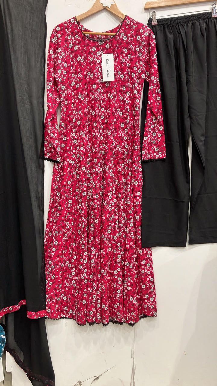 LS04 - PINK COTTON PRINT LONG DRESS 3 PIECE SUIT