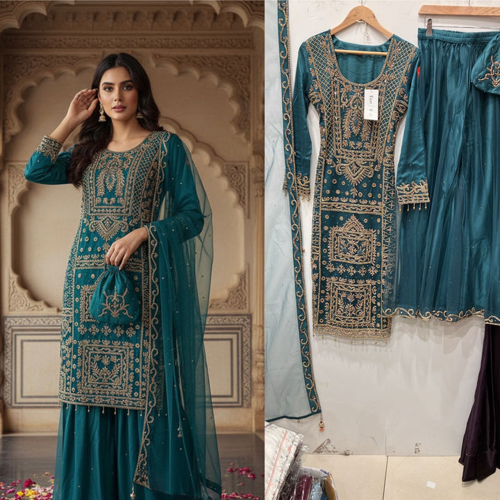 218B-  TEAL EMBROIDERED & EMBELLISHED NET SUIT