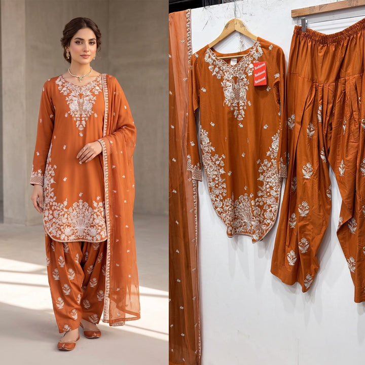 1128A - Burnt Orange Viscose Shirt with Farshi Shalwar & Chiffon Dupatta