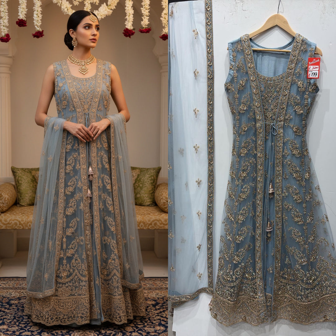 7014A- Blue Embroidered & Embellished net long dress