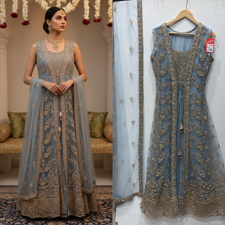 7014A- Blue Embroidered & Embellished net long dress