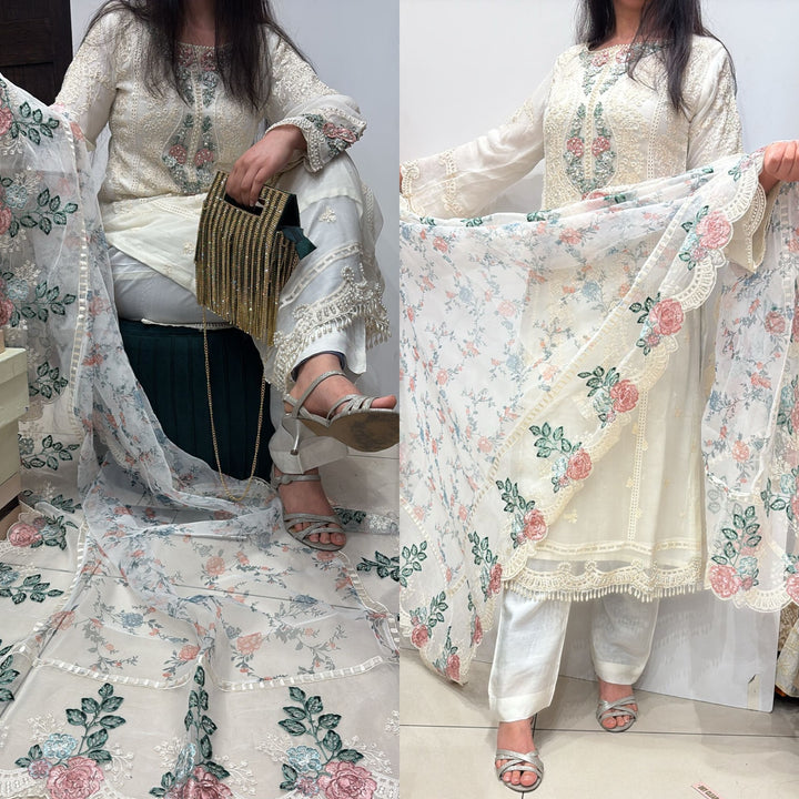 IVORY EMBROIDERED CHIFFON 3 PIECE SUIT 228B