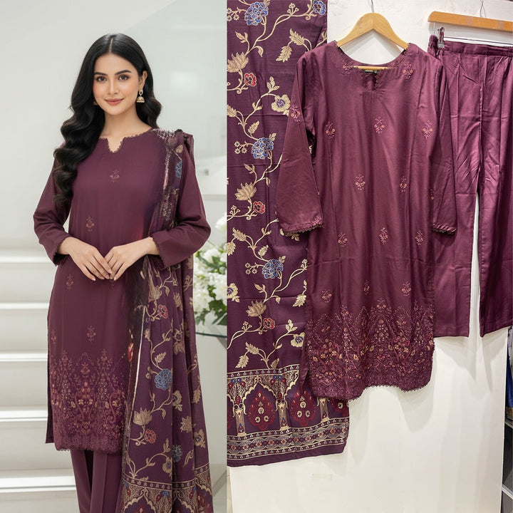 GF05 - PURPLE DHANAK LINEN EMBROIDERED SUIT