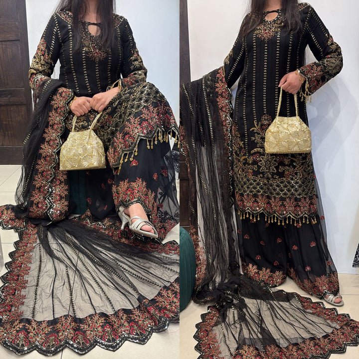 379B - BLACK EMBROIDERED CHIFFON SHARARA SUIT