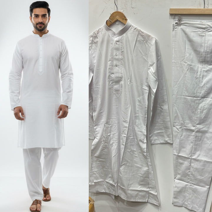DN654b - Men's White Embroidered Kameez set
