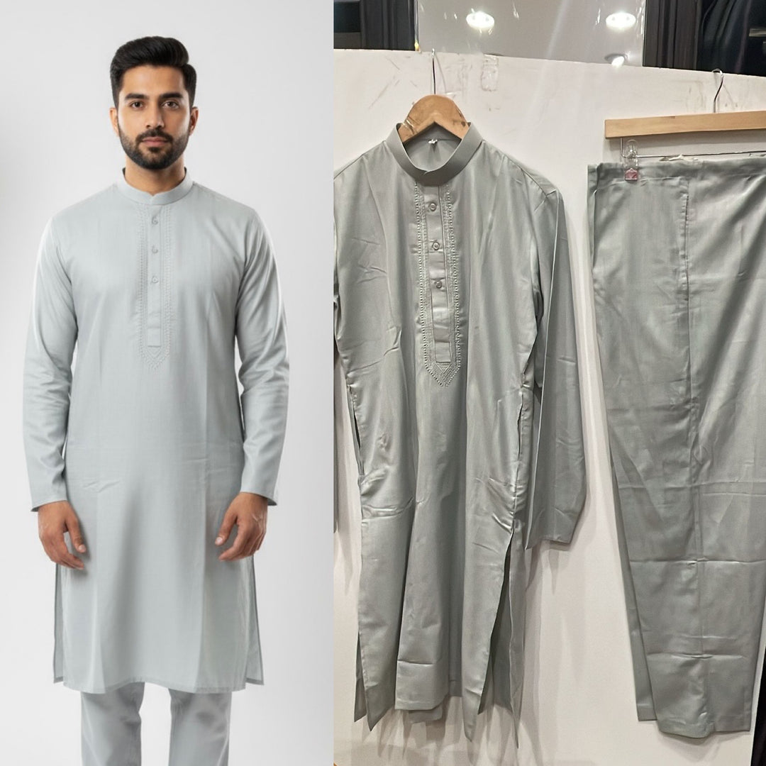 DN654d - Men's Light Grey Embroidered Kameez set