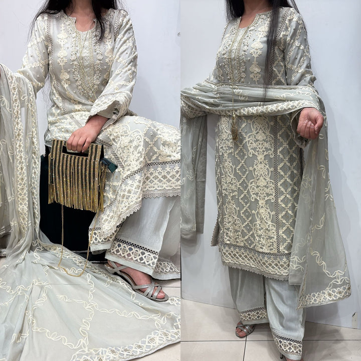 385B- GREY EMBROIDERED CHIFFON 3 PIECE SUIT