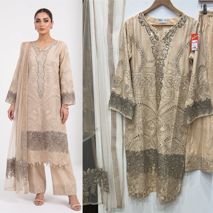 1173D - Beige Embroidered Linen 3 Piece suit