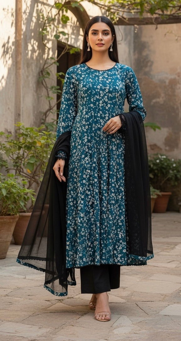 LS03 - TEAL COTTON PRINT LONG DRESS 3 PIECE SUIT