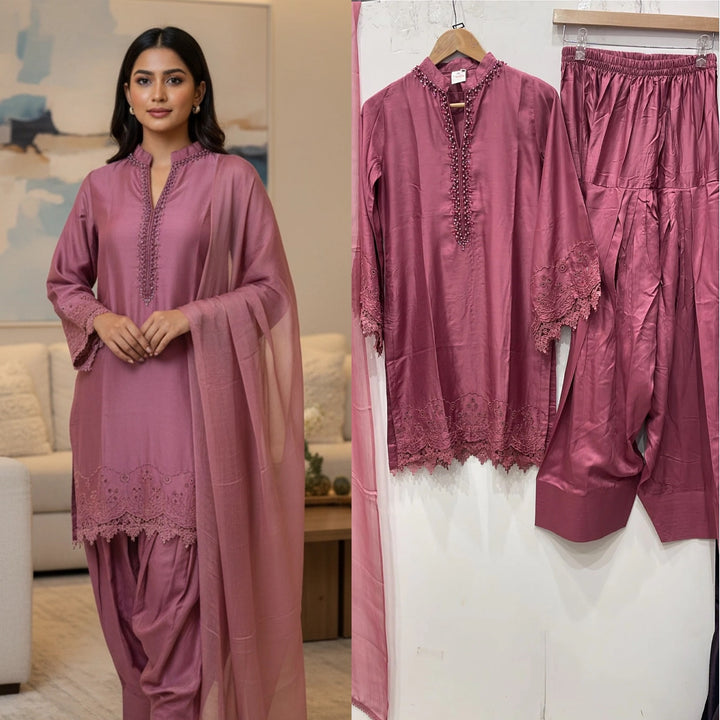 NF01 - Pink Farshi Shalwar Embroidered linen suit