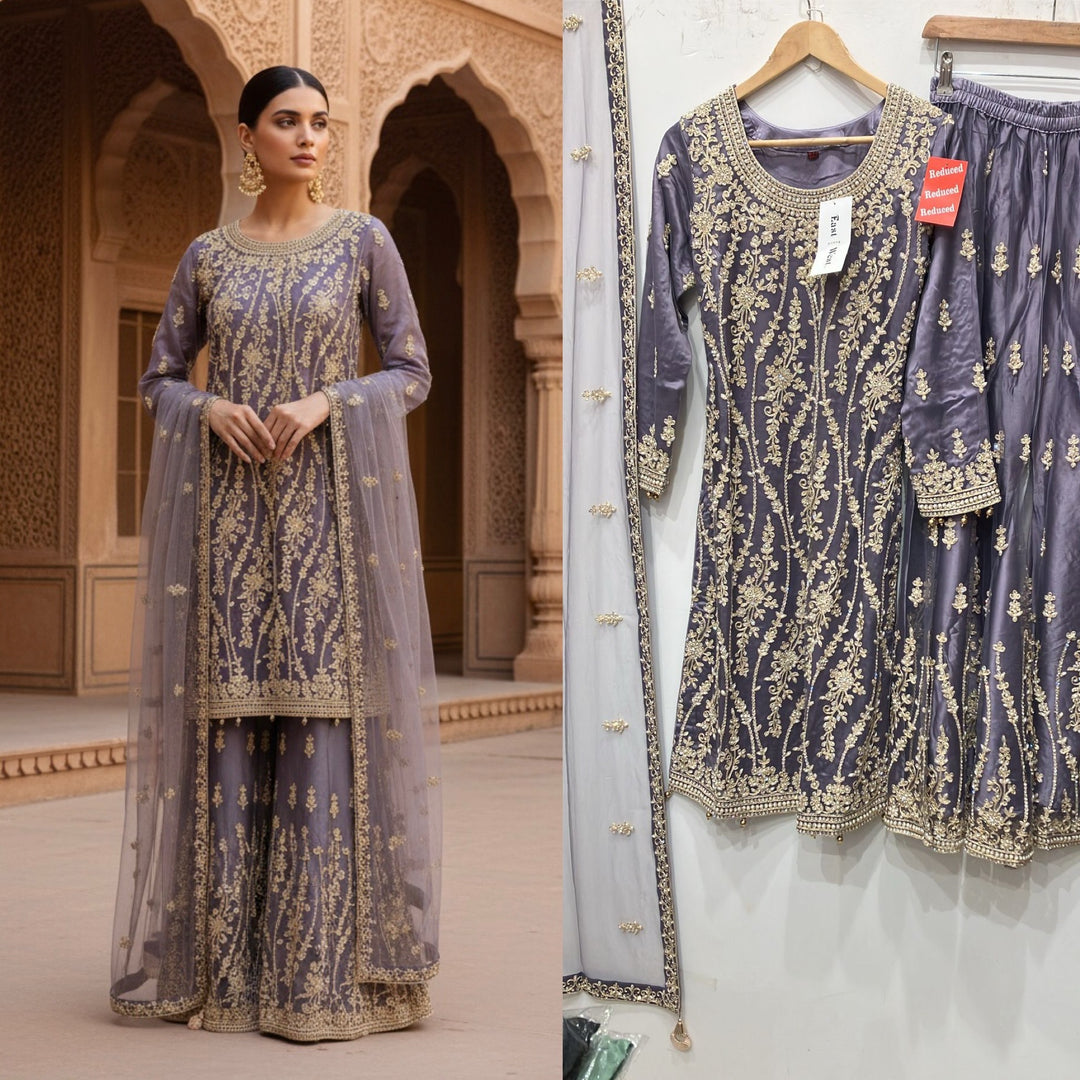 168G - PURPLE EMBROIDERED & EMBELLISHED NET SUIT