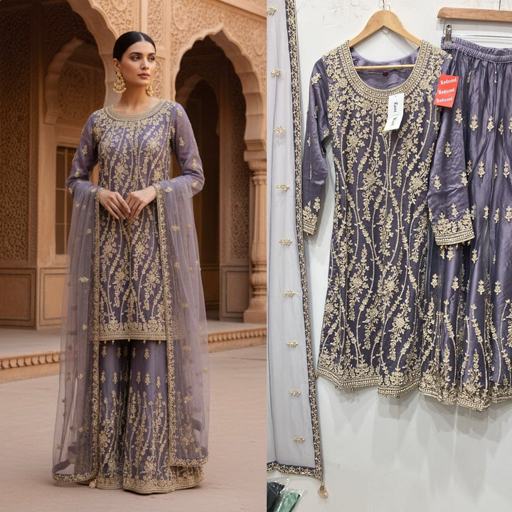 168G - PURPLE EMBROIDERED & EMBELLISHED NET SUIT