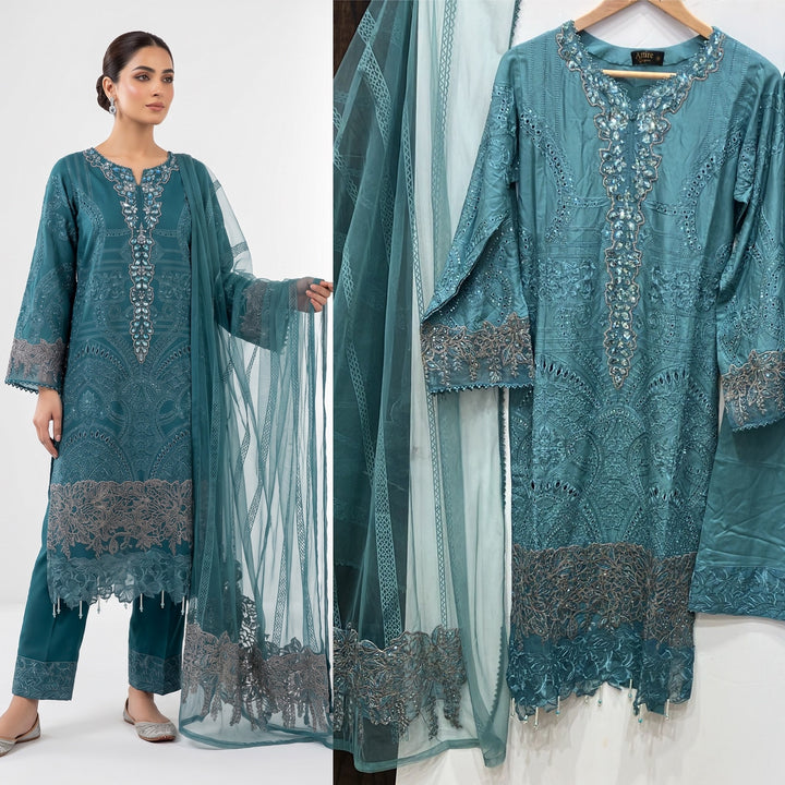 1173P - Light Teal Embroidered Linen 3 Piece suit
