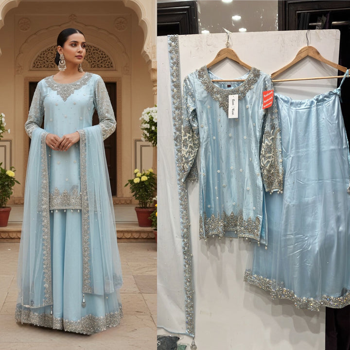 248A - LIGHT BLUE  EMBROIDERED LENGHA DRESS