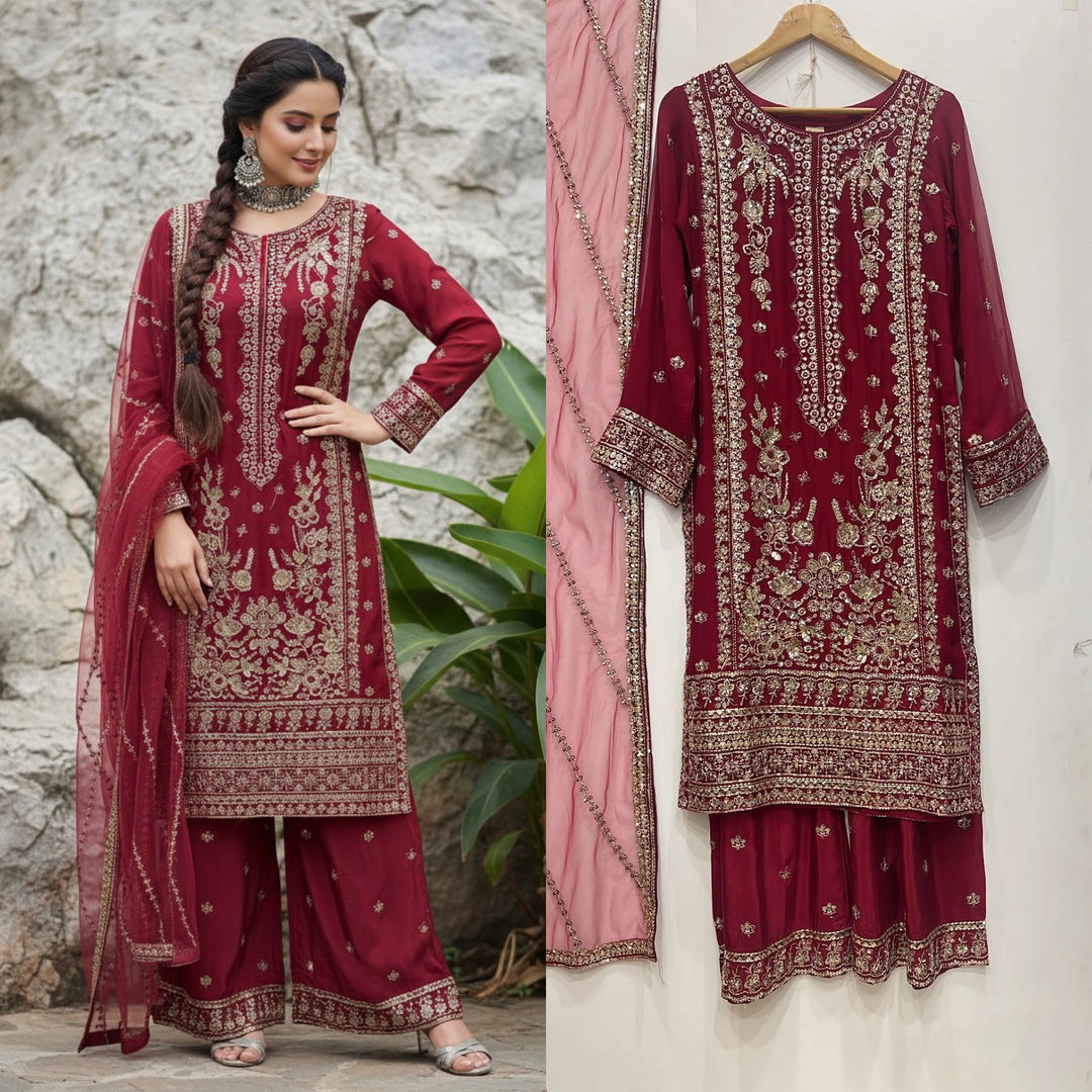 386D - RED CHIFFON EMBROIDERED SHARARA SUIT