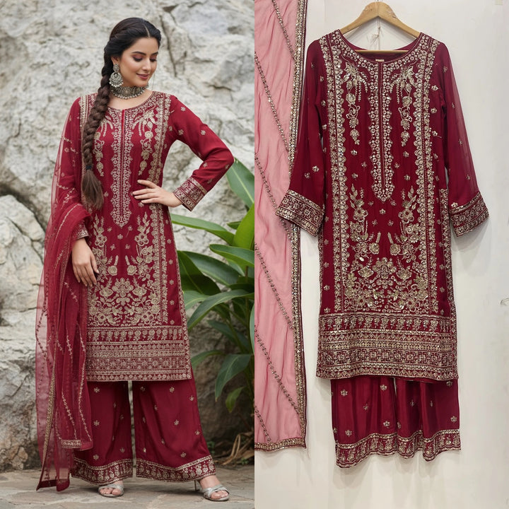 386D - RED CHIFFON EMBROIDERED SHARARA SUIT