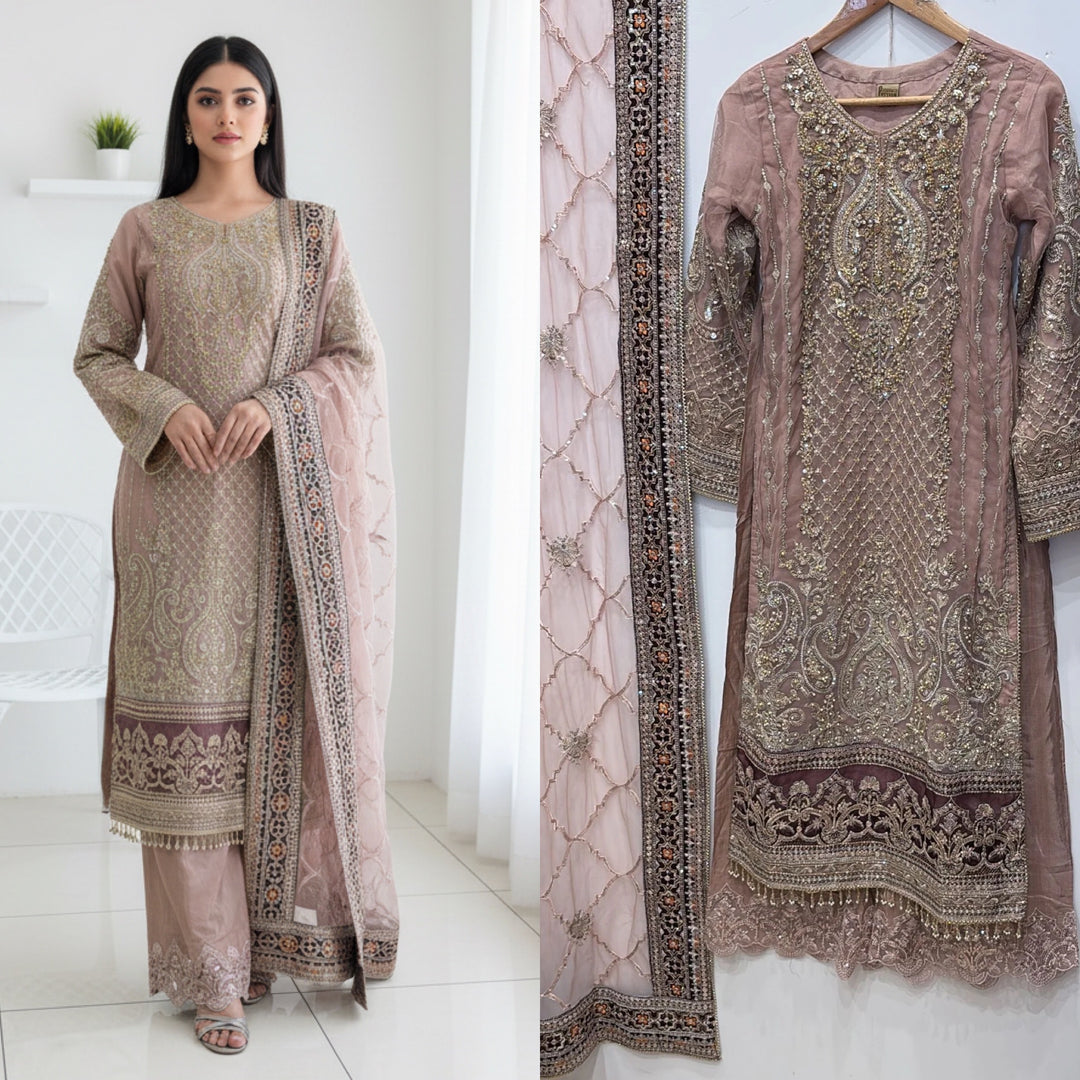 330B - DARK PINK NET EMBROIDERED SUIT