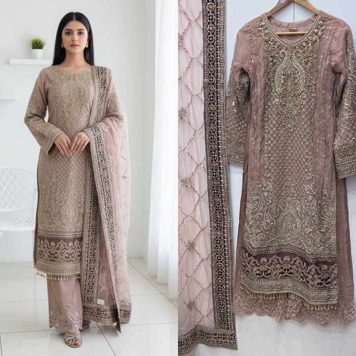 330B - DARK PINK NET EMBROIDERED SUIT
