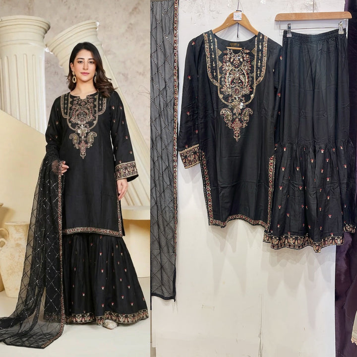1162E - Black Embroidered Linen 3 Piece Sharara suit