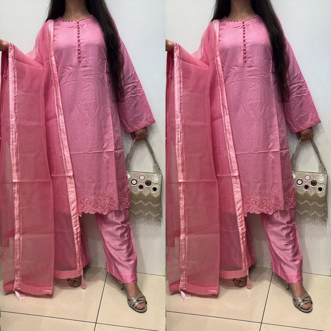 OLN2 - PINK LINEN EMBROIDERED 3 PIECE SUIT
