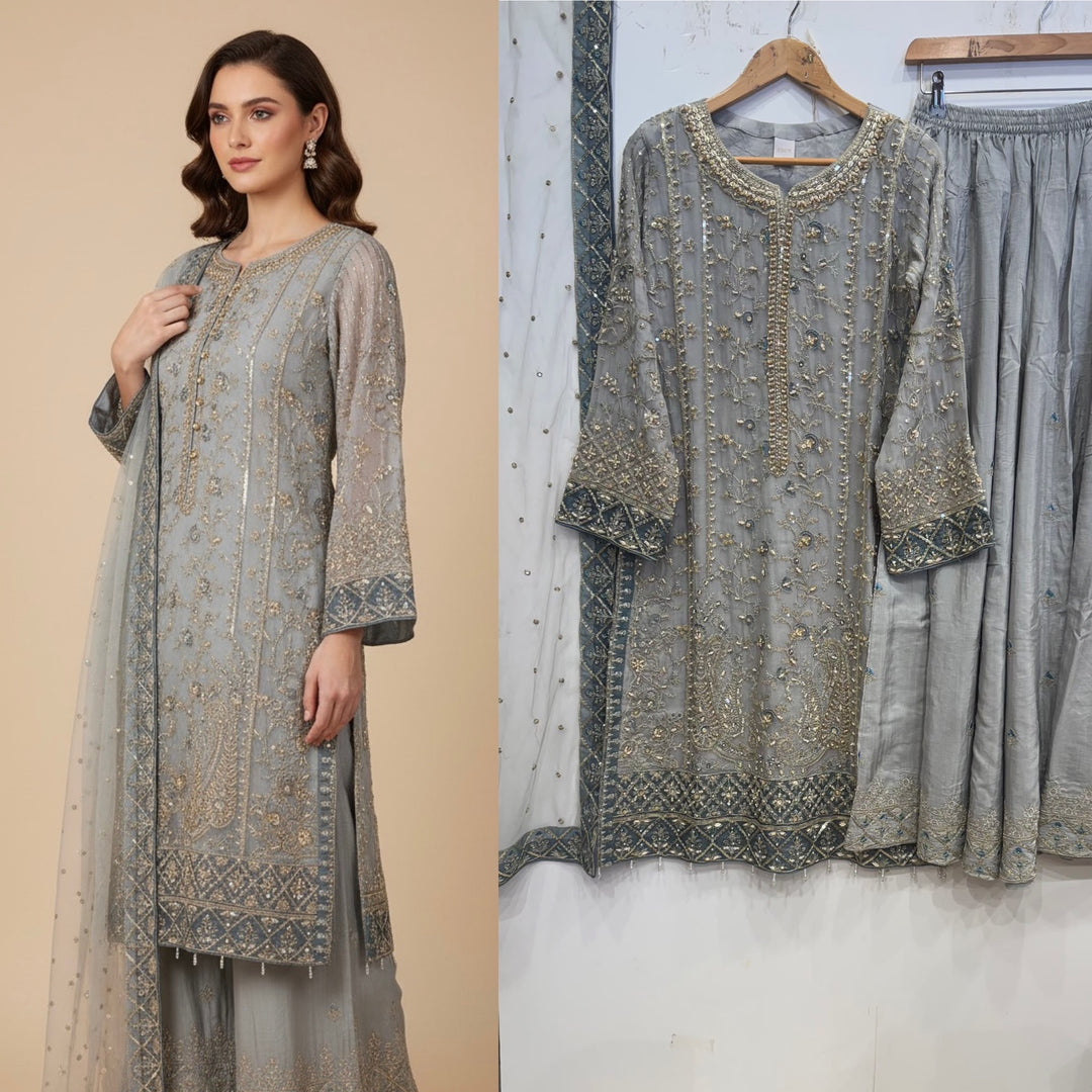 340D- Grey Embroidered Chiffon 3 Piece Suit