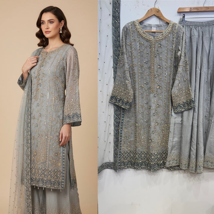340D- Grey Embroidered Chiffon 3 Piece Suit