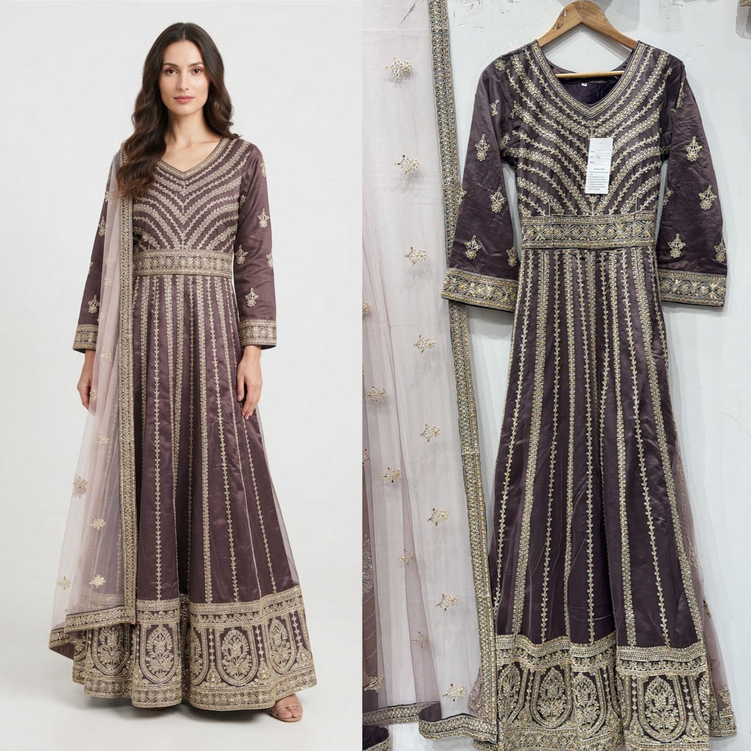 134B - Mauve Net Embroidered Maxi Dress