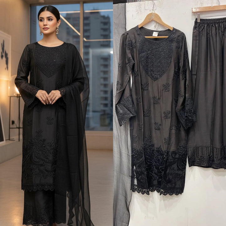 1185B - Black Embroidered Viscose Linen 3 Piece suit