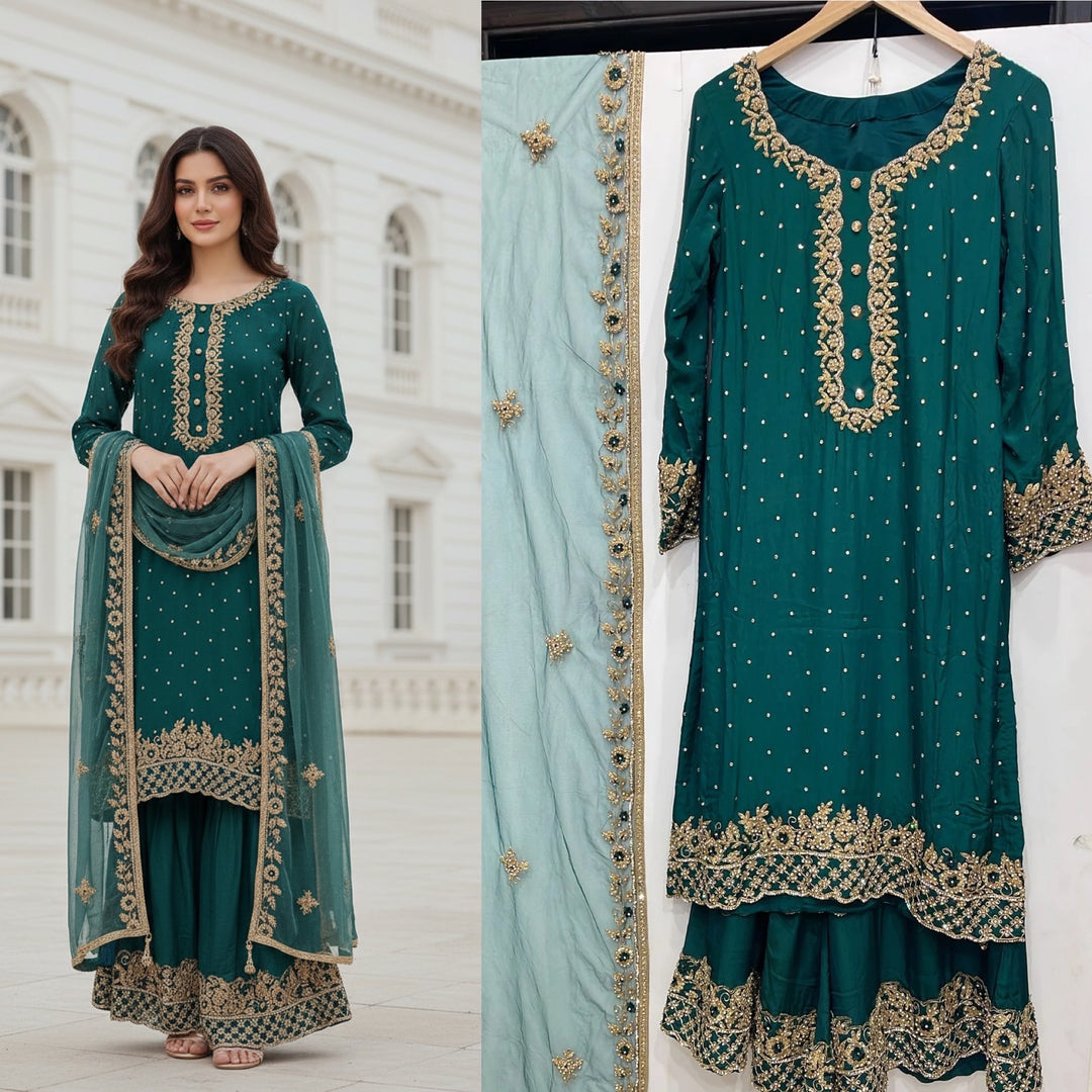 0142C- GREEN GEORGETTE FARSHI PALAZZO SUIT