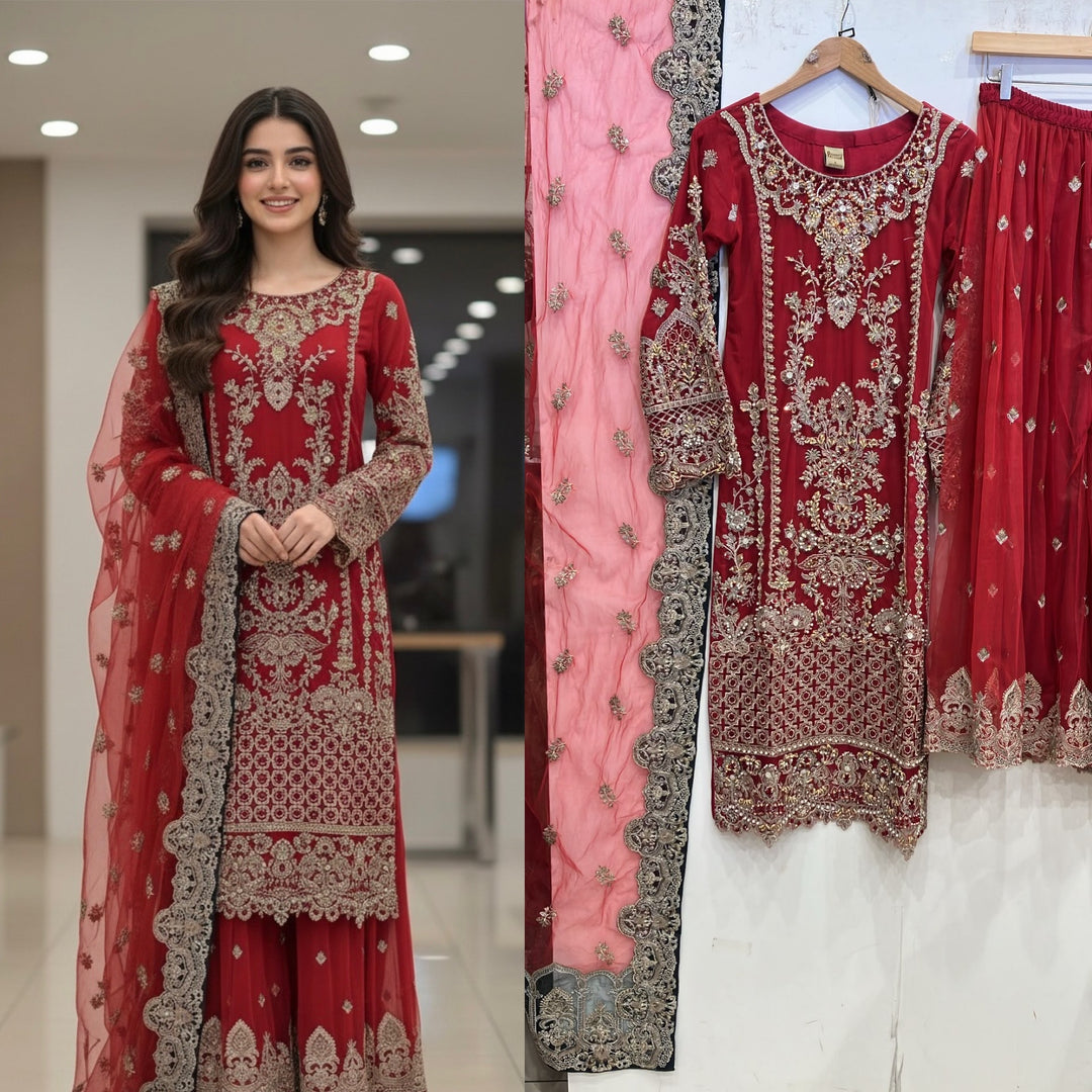 357B- Red Embroidered Net Sharara 3 Piece Suit