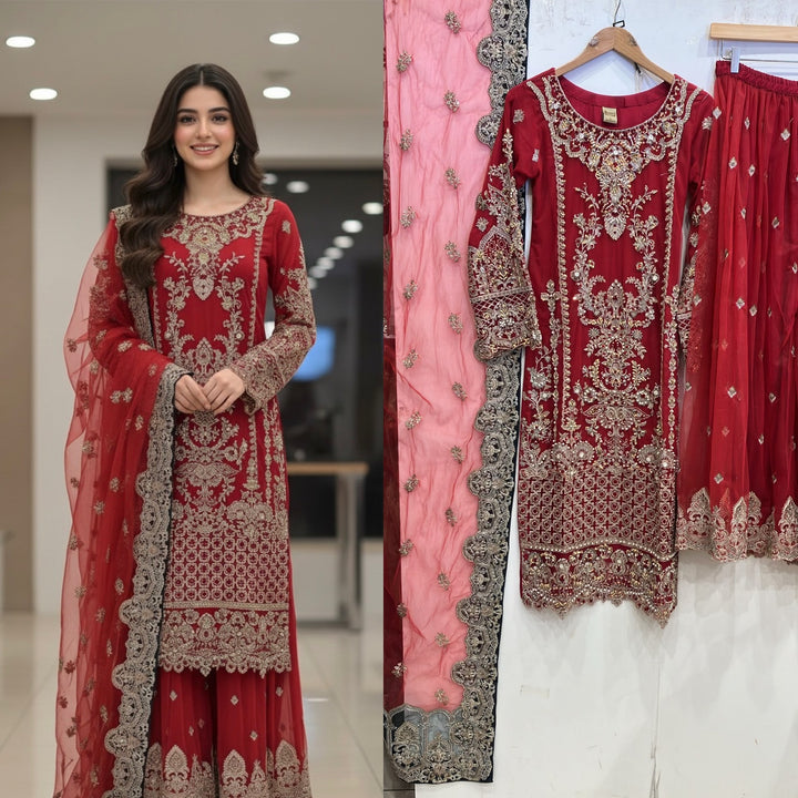 357B- Red Embroidered Net Sharara 3 Piece Suit