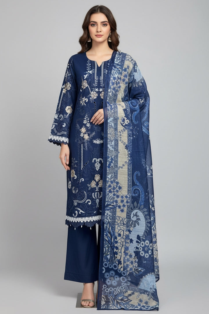 1118C- Blue Embroidered Cotton 3 Piece suit