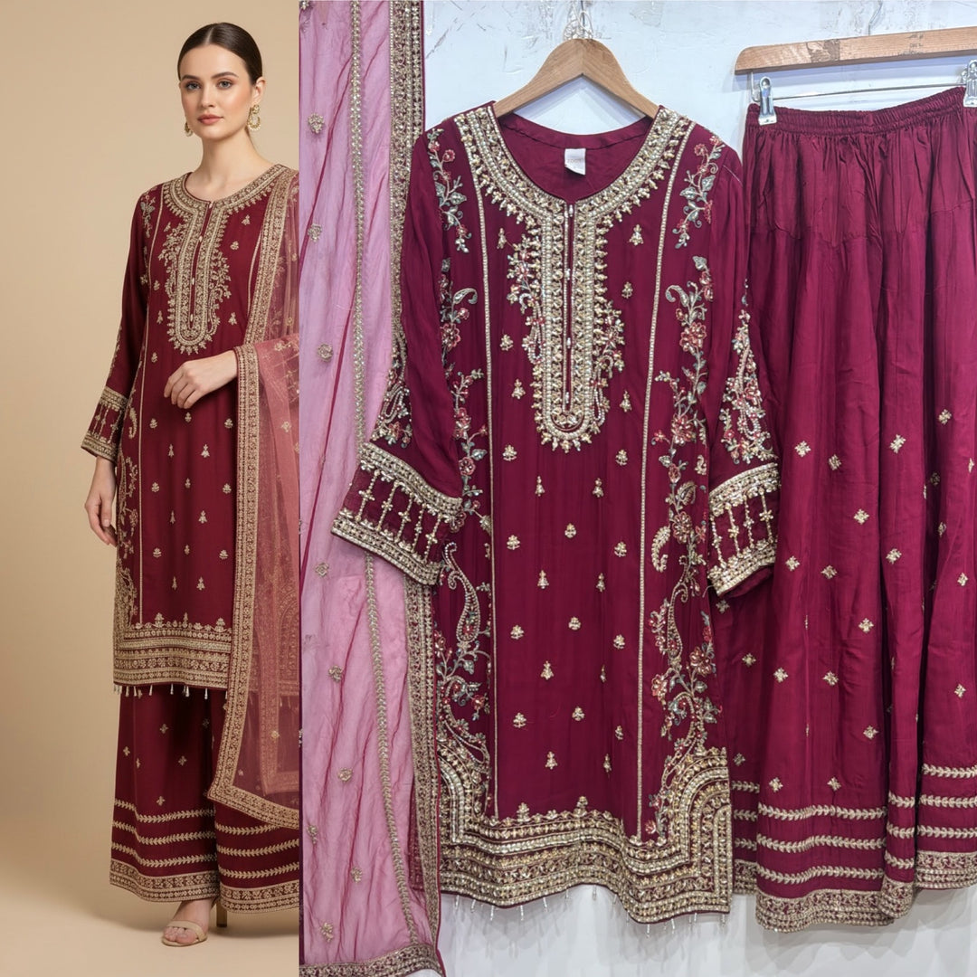 344A- Plum Embroidered Chiffon 3 Piece Suit