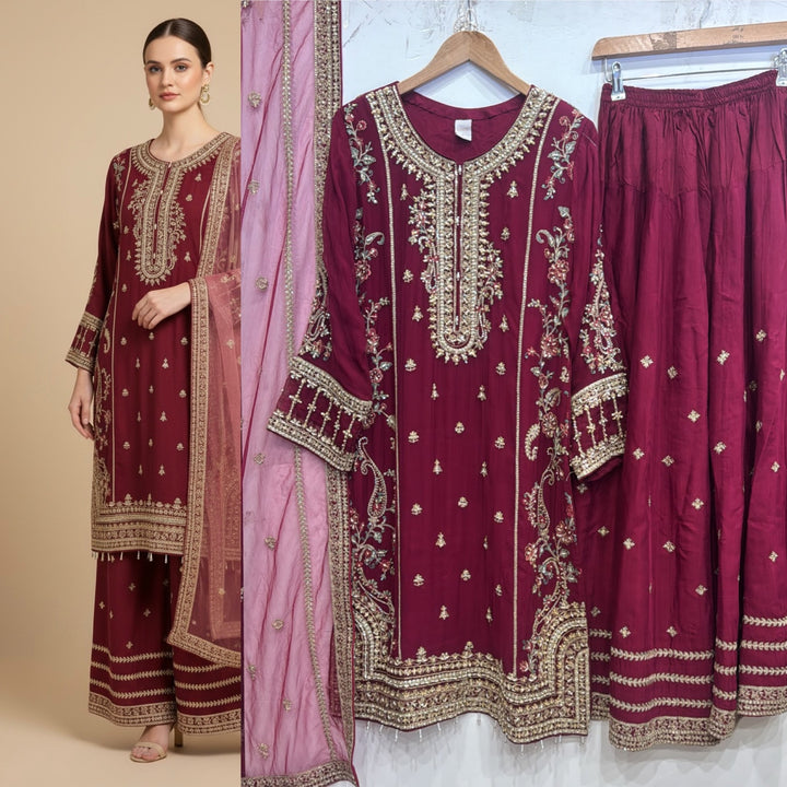 344A- Plum Embroidered Chiffon 3 Piece Suit