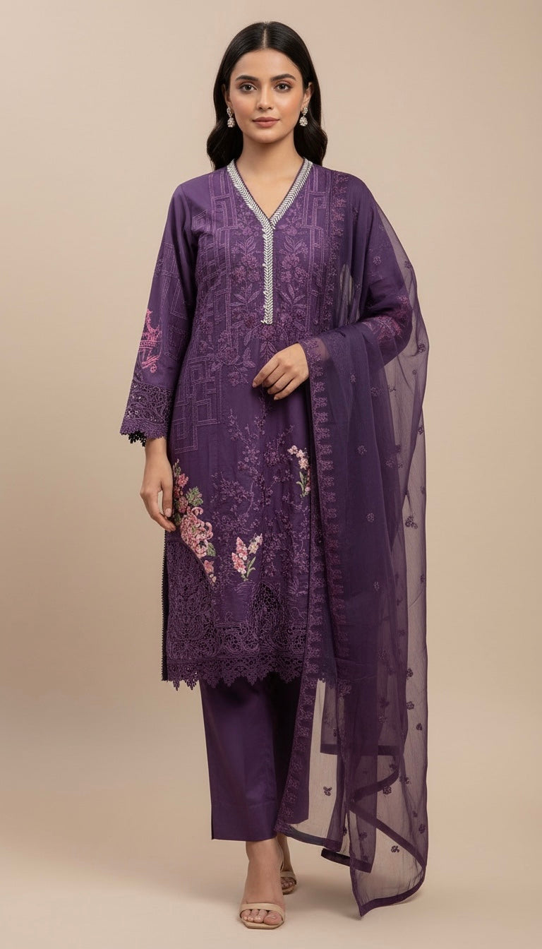 1117A - PURPLE Embroidered Cotton 3 Piece suit