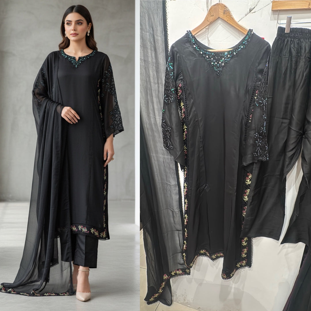 1123D - Black Embroidered Viscose Pakistani Suit with Chiffon Dupatta