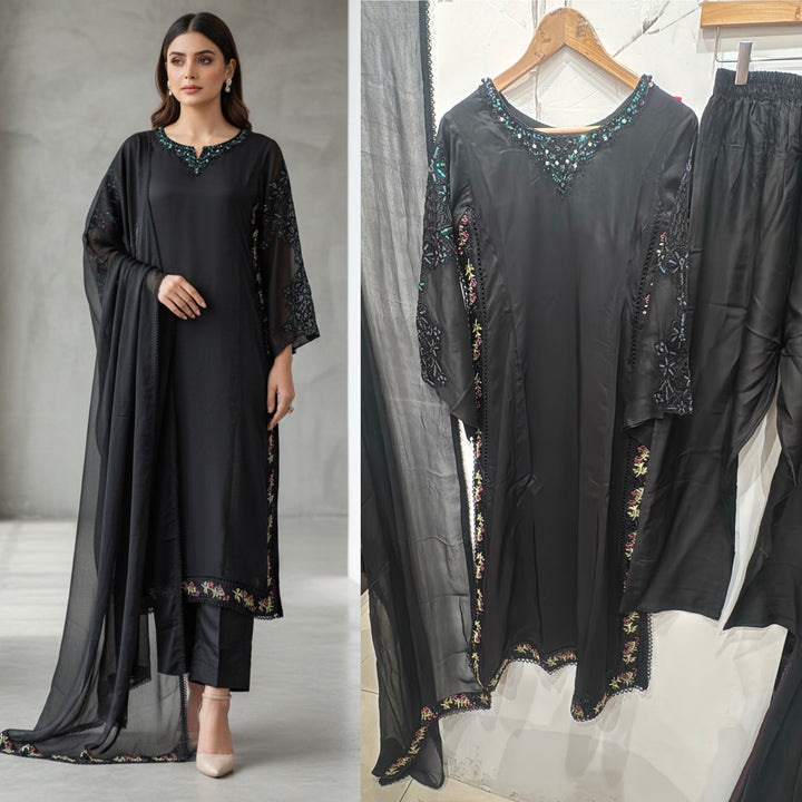 1123D - Black Embroidered Viscose Pakistani Suit with Chiffon Dupatta