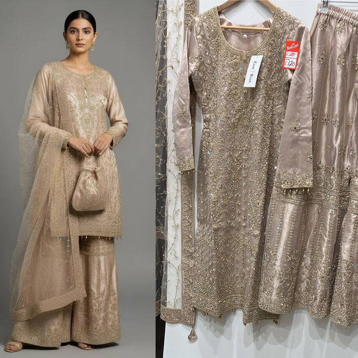 179D - ROSE GOLD EMBROIDERED & EMBELLISHED NET SUIT
