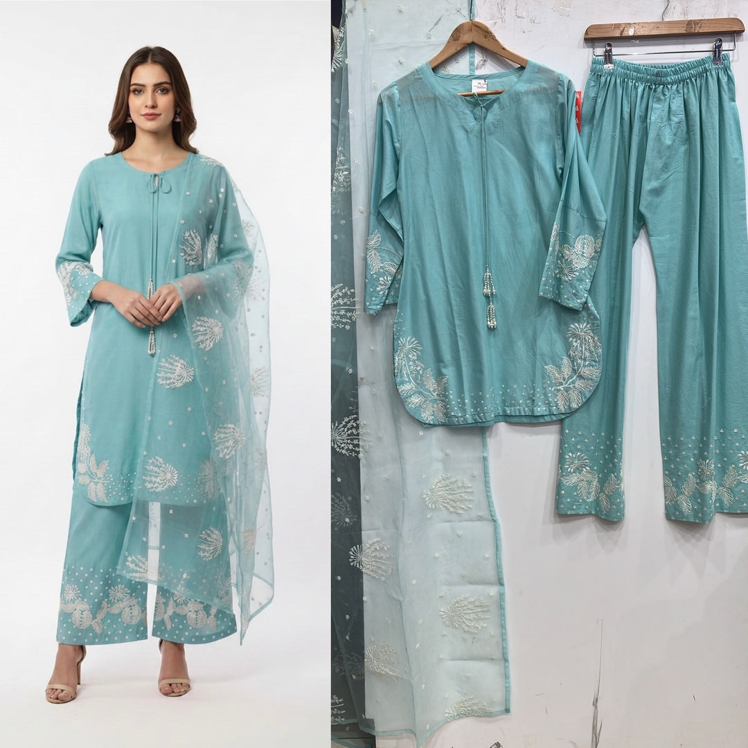 1179E - Aqua Embroidered Viscose 3 Piece suit