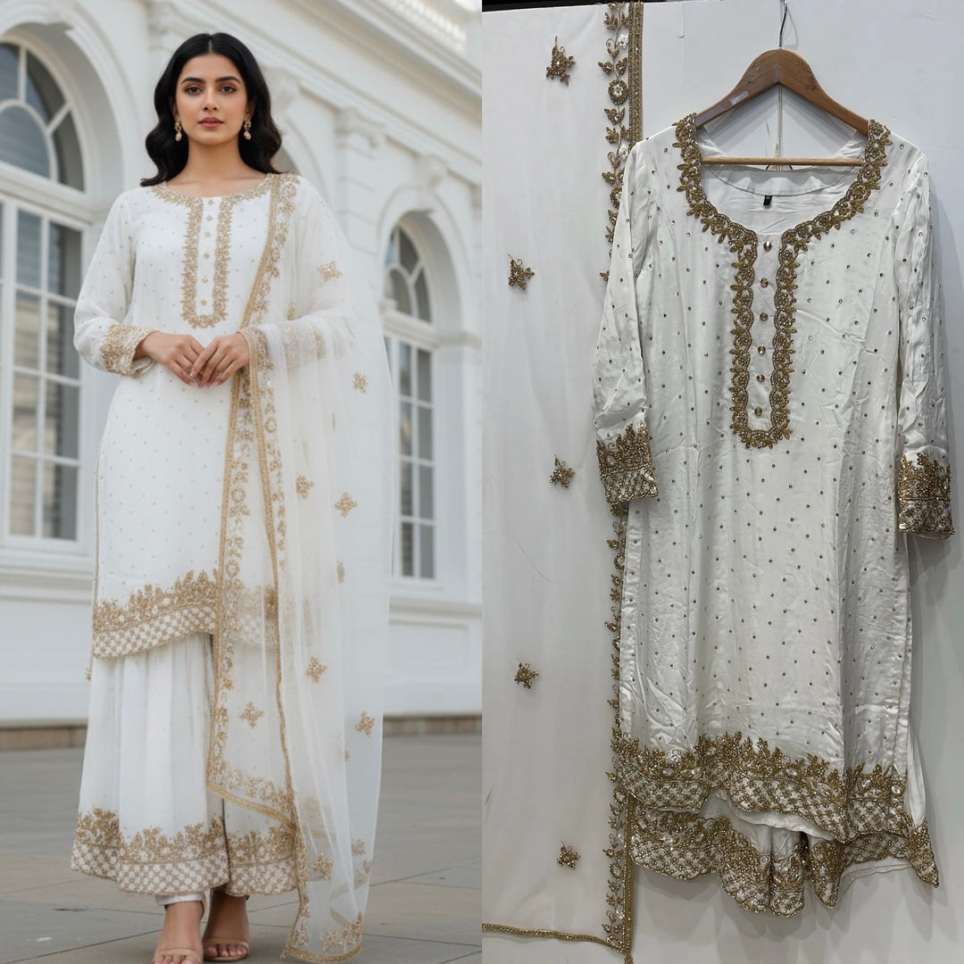 0142E- OFF-WHITE GEORGETTE FARSHI PALAZZO SUIT