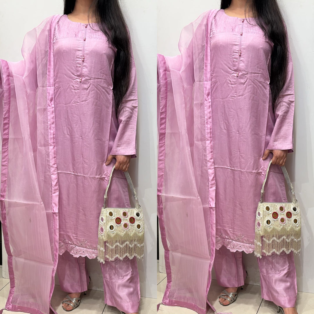 OLN4 - PINK LINEN EMBROIDERED 3 PIECE SUIT