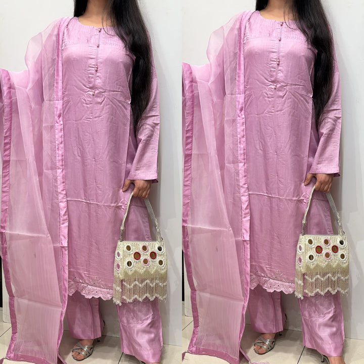 OLN4 - PINK LINEN EMBROIDERED 3 PIECE SUIT