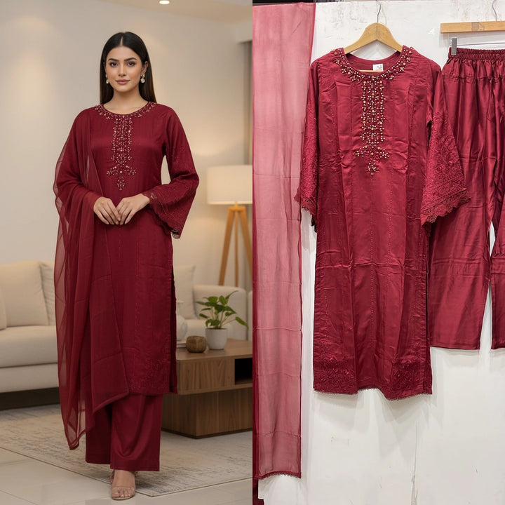 1186A - Red Embroidered Viscose Linen 3 Piece suit