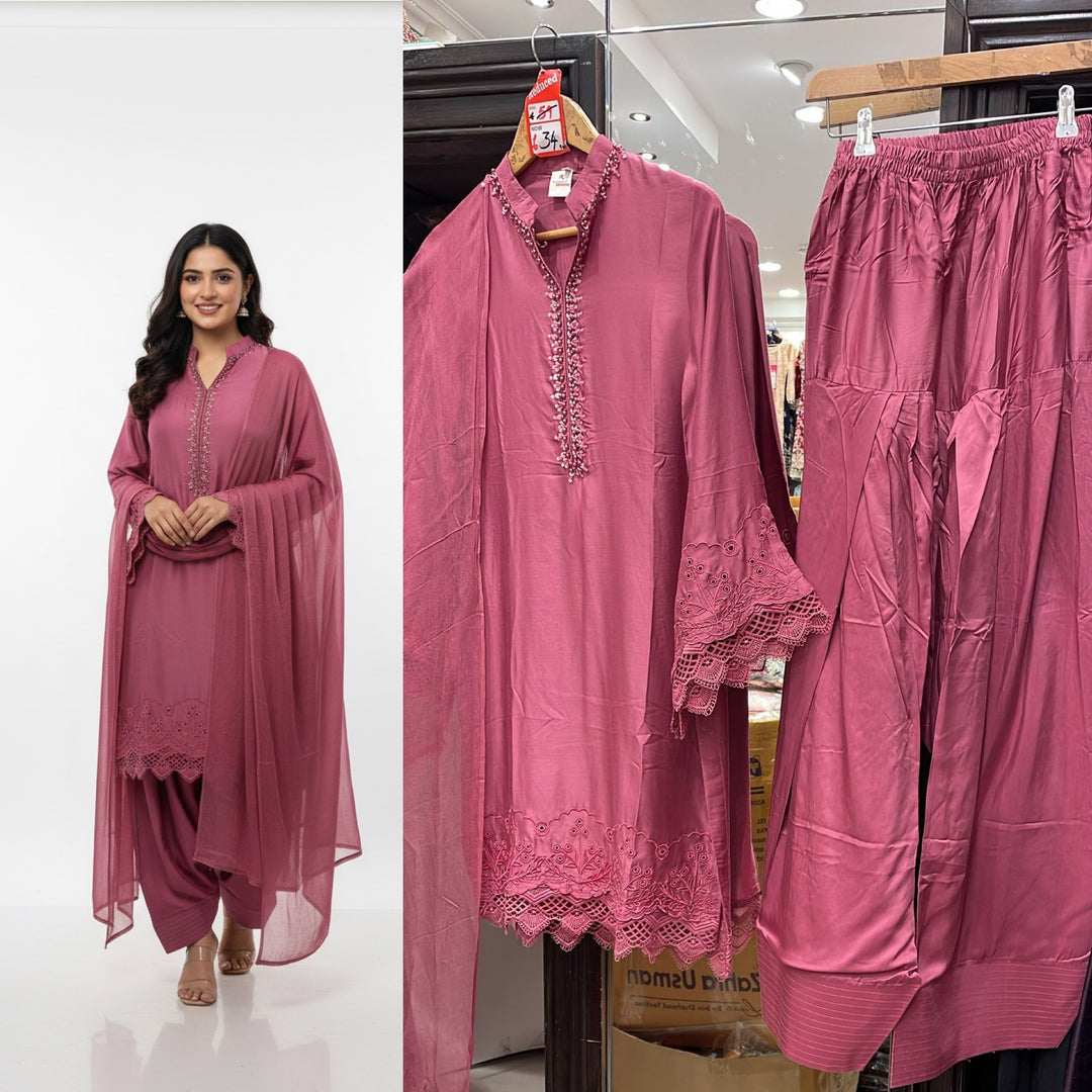 LF02 - Pink Farshi Shalwar Embroidered linen suit