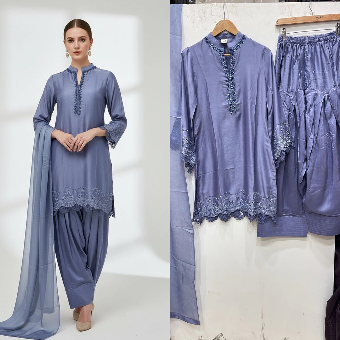 NF08 - Lavender Blue Farshi Shalwar Embroidered linen suit