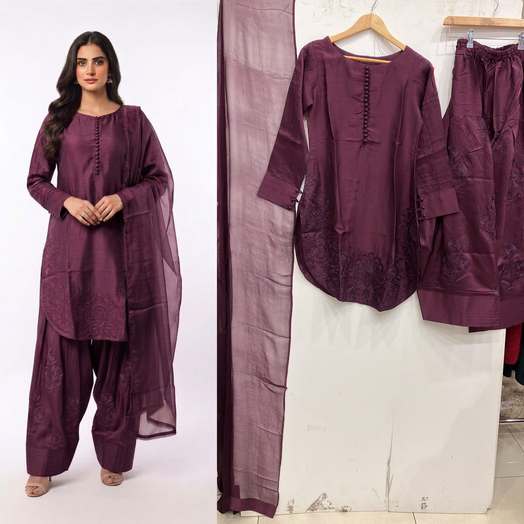1113B - Purple Embroidered Viscose Farshi Shalwar 3 Piece suit
