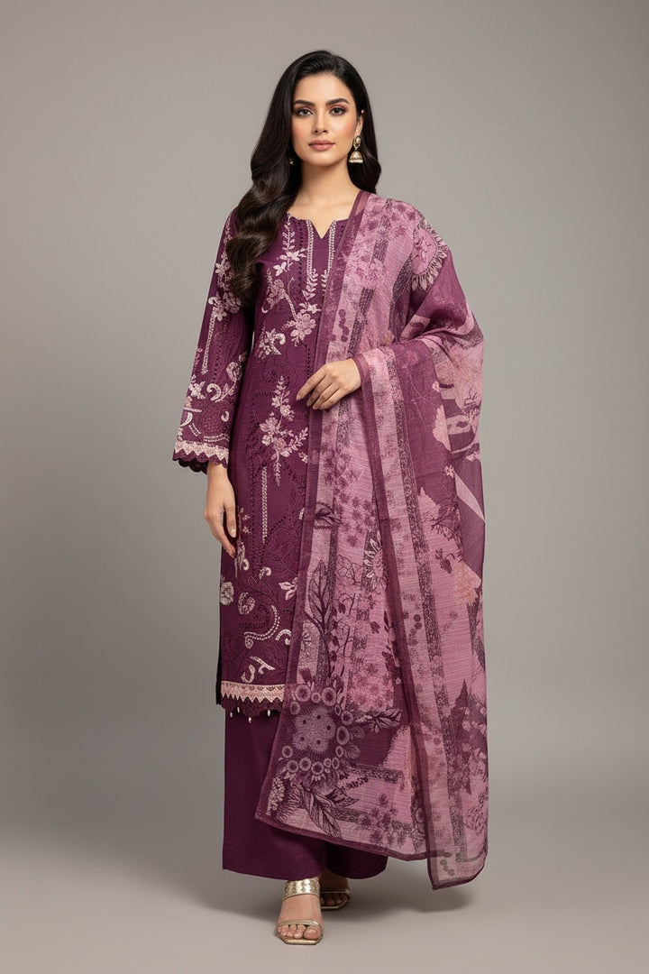1118E- Plum Embroidered Cotton 3 Piece suit