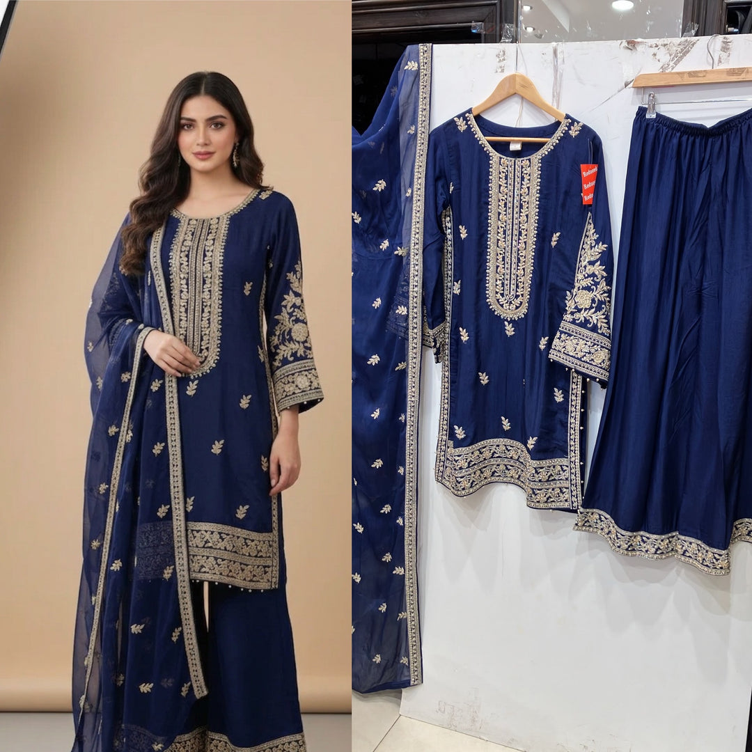 365C - Blue Embroidered Silk 3 Piece Suit